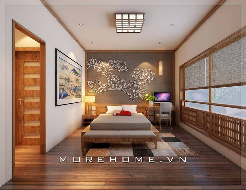 Thiết kế giường ngủ phong cách Nhật Bản với đường nét hiện đại, đơn giản nhưng vẫn mang lại sự sang trọng cho căn phòng
